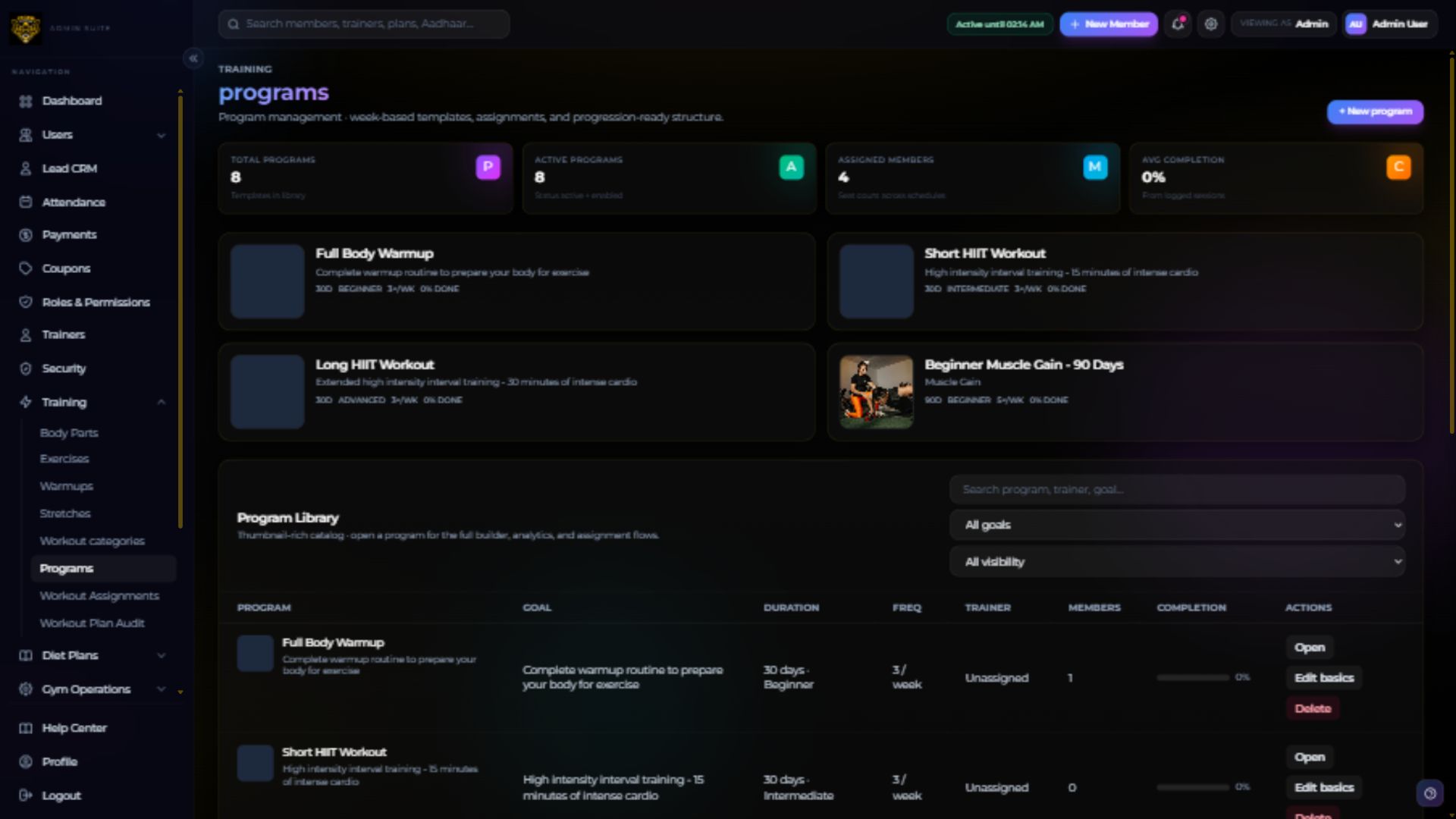 Tiger Fitness web training program library, showing programs, assignment counts and training templates