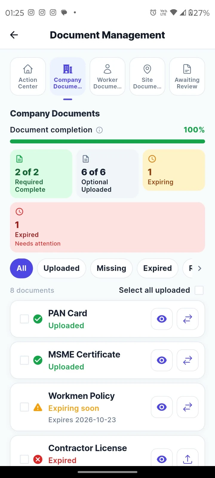 Company documents: Track required and optional uploads, approaching expiry and expired documents.