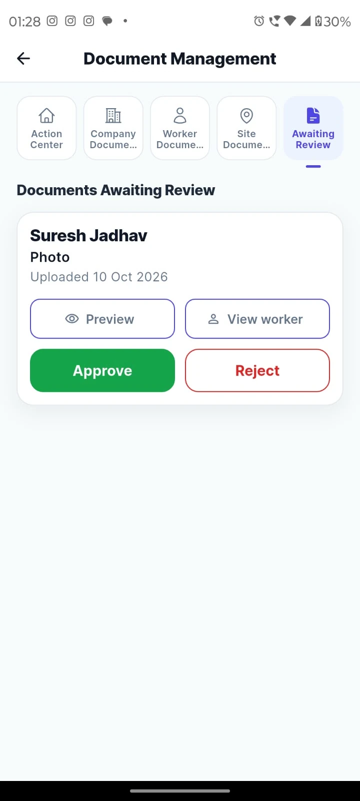 Document review: Preview worker uploads and approve or reject the submitted document.