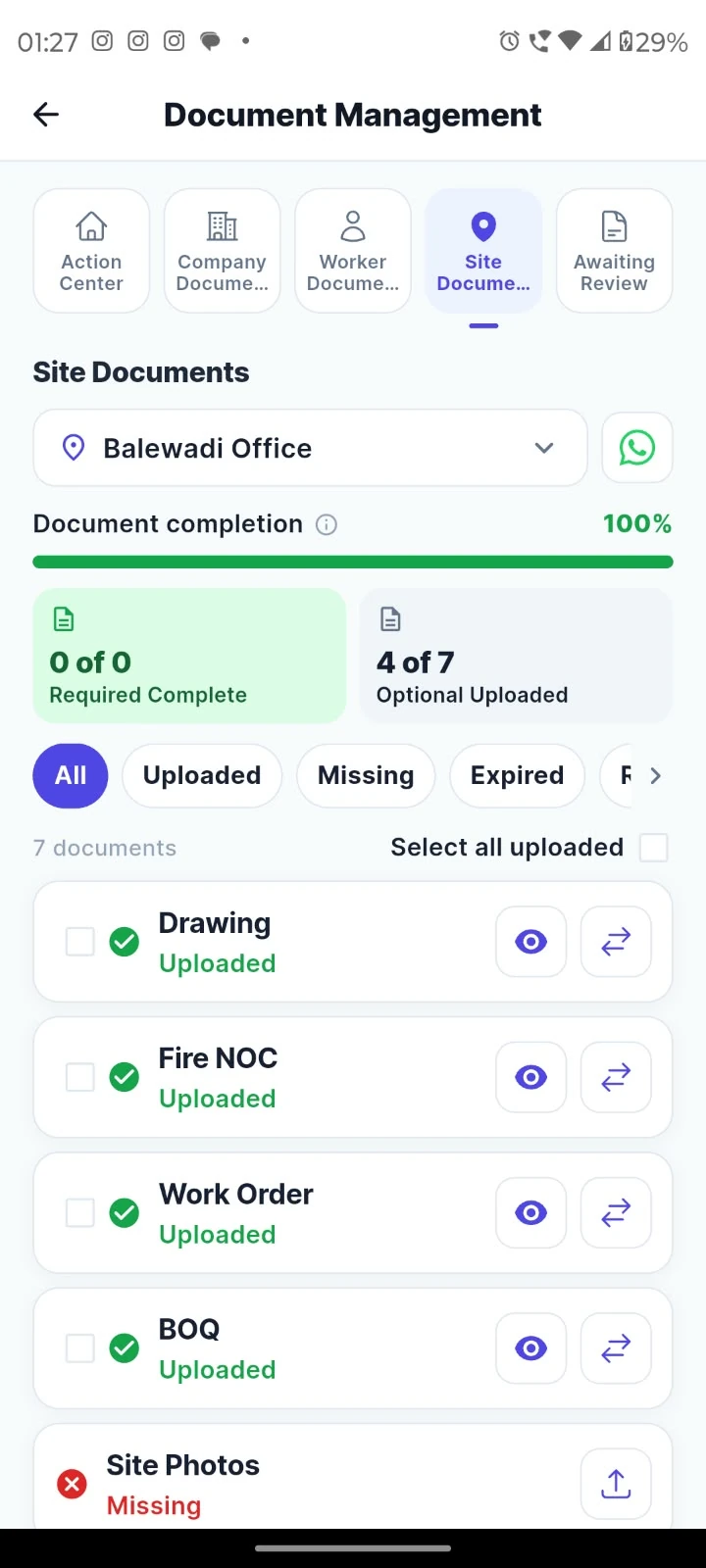Site documents: Keep drawings, work orders, BOQ and other site records together.