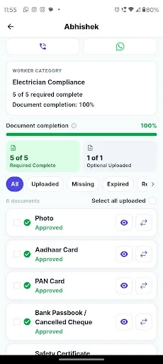 Worker documents: Review completion against a worker compliance profile and approved uploads.