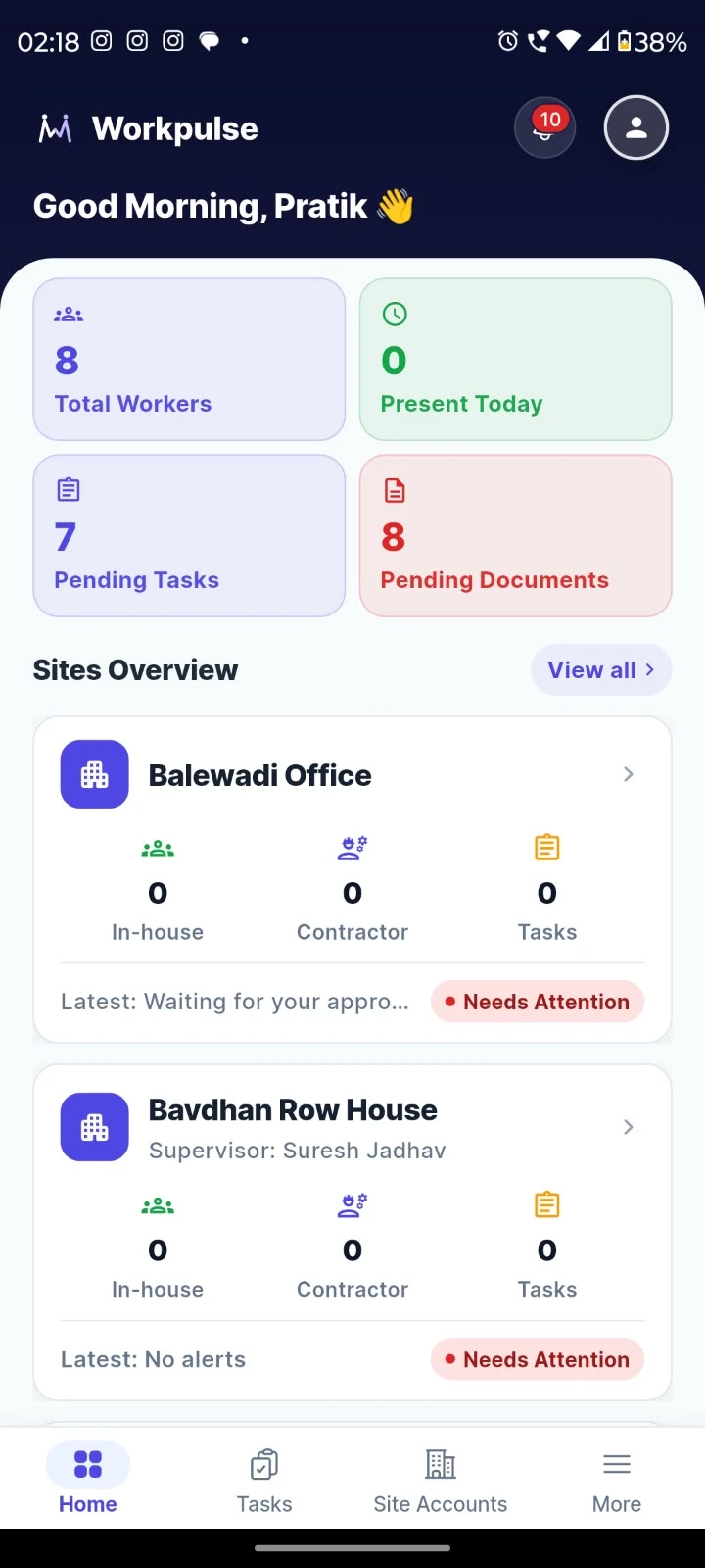 Supervisor dashboard: Workers, pending work and documents, with a site-by-site overview.