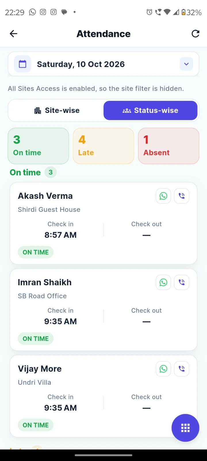 Status-wise attendance: Find the people behind each attendance status and their recorded check-in times.