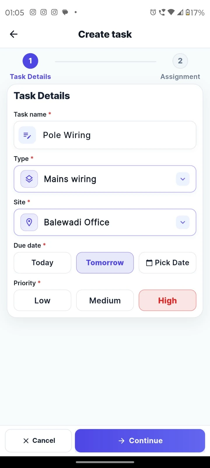 Define the task: Give each task a name, category, site, due date and priority.