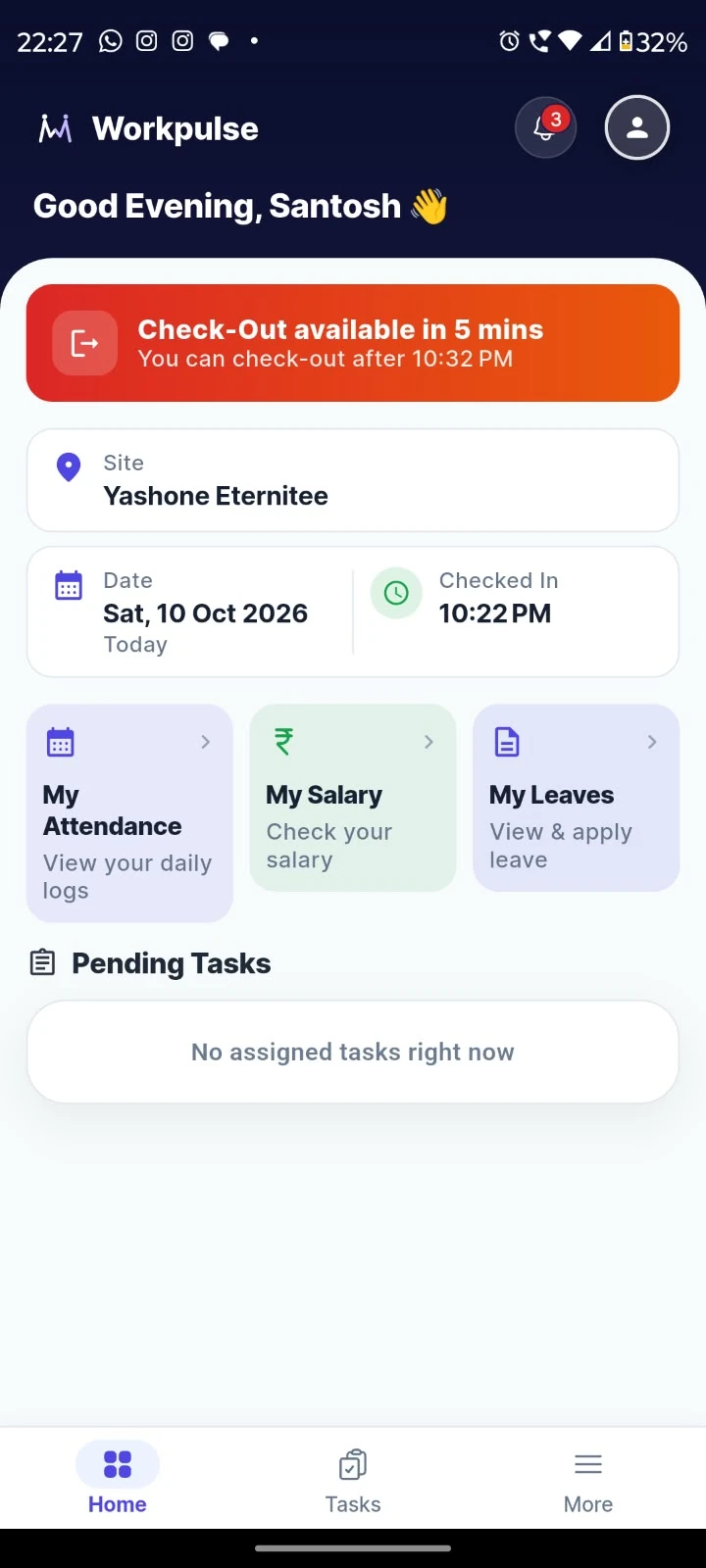 Worker home: Current site and check-in status alongside personal attendance, salary and leave.